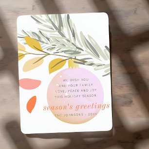 Moderne Weihnachtsschnee-Ornament auf Pinien Feiertagskarte