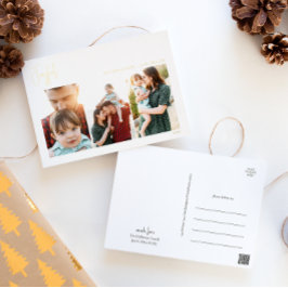 Moderne Weihnachtsschrift Drei Foto | Gold Folien Feiertagspostkarte