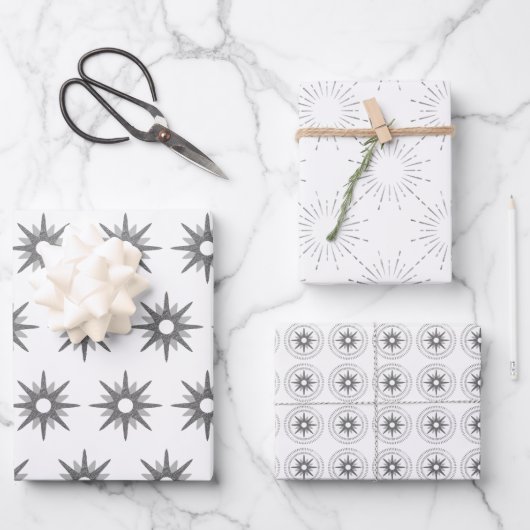Moderne WeihnachtsSilberstars Geschenkpapier Set (Vorderseite)