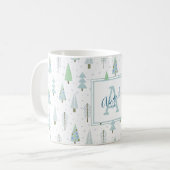 Moderne Weihnachtswald Bäume Blue Green Monogram Kaffeetasse (Vorderseite Links)