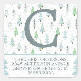 Moderne Weihnachtswälder Bäume Blaue Rücksendeadre Quadratischer Aufkleber