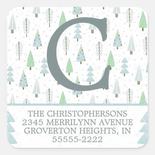 Moderne Weihnachtswälder Bäume Blaue Rücksendeadre Quadratischer Aufkleber (Vorderseite)