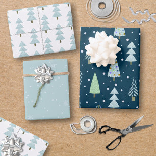 Moderne Weihnachtswälder Bäume Blue Green Geschenkpapier Set