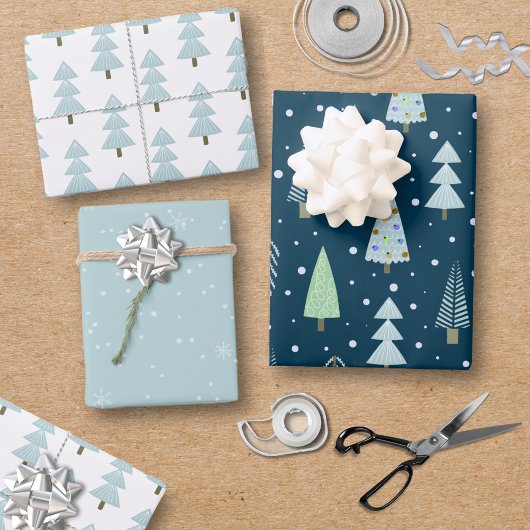 Moderne Weihnachtswälder Bäume Blue Green Geschenkpapier Set
