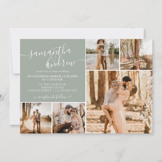 Moderne Weise grün Drehbuch 6 Fotos Hochzeit Einladung (Vorderseite)