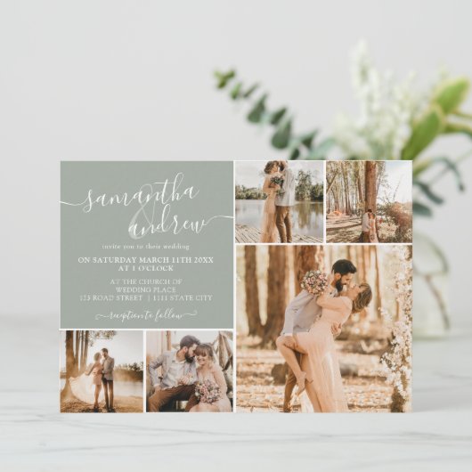 Moderne Weise grün Drehbuch 6 Fotos Hochzeit Einladung (Stehend Vorderseite)