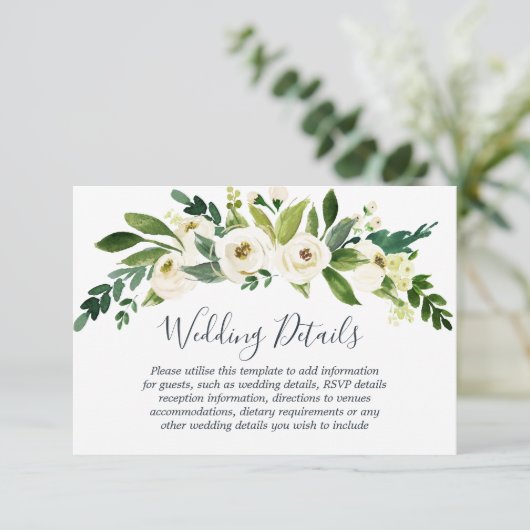 Moderne weiß-florale botanische Hochzeitsstimmung Begleitkarte (Stehend Vorderseite)