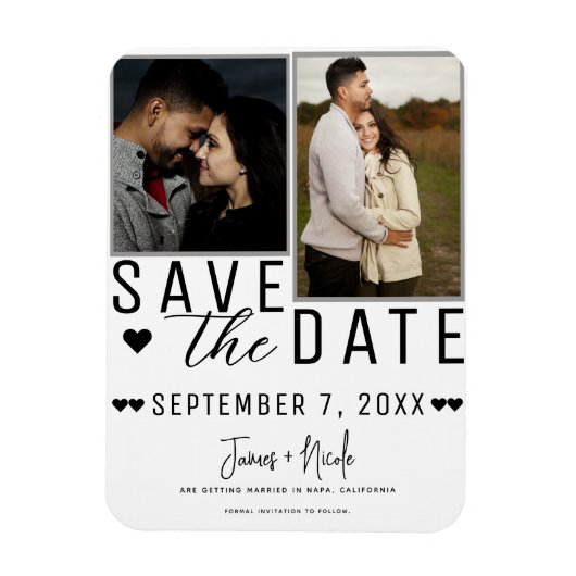 Moderne Weiß & Grau Save the Date 2 Foto Hochzeit Magnet (Vertikal)