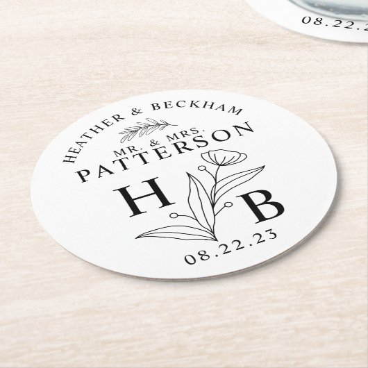 Moderne Weiß- und Schwarz-Flora-Laurel-Hochzeit Runder Pappuntersetzer (Angewinkelt)