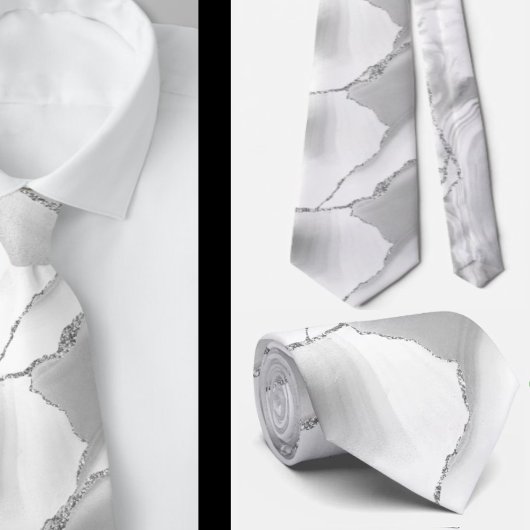 Moderne weiße Achat-Silber-Abstrakt-Marmor Krawatte