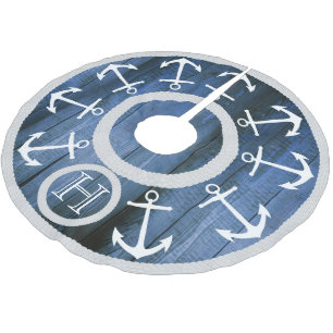 Moderne weiße Anker und Seil-blaues nautischholz Polyester Weihnachtsbaumdecke