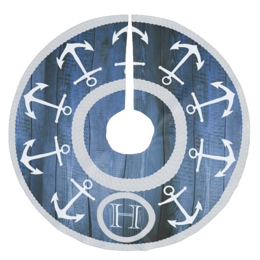 Moderne weiße Anker und Seil-blaues nautischholz Polyester Weihnachtsbaumdecke (Vorderseite)