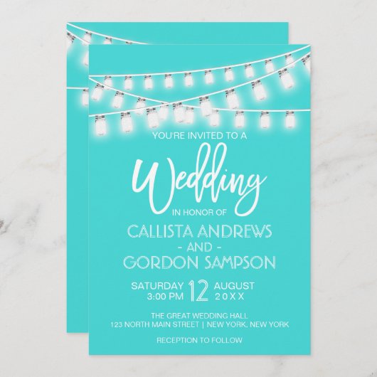 Moderne weiße Aquamarine Mason Jar String Lights H Einladung (Vorne/Hinten)