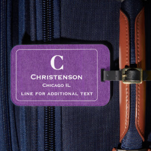 Moderne weiße Beschriftung auf violettem Denimdruc Gepäckanhänger