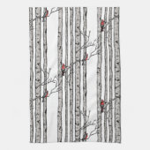 Moderne Weiße Birkenbäume und Vögel des Roten Kard Geschirrtuch (Vertikal)