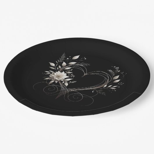 Moderne weiße Blume mit Herz Pappteller (Schrägansicht)