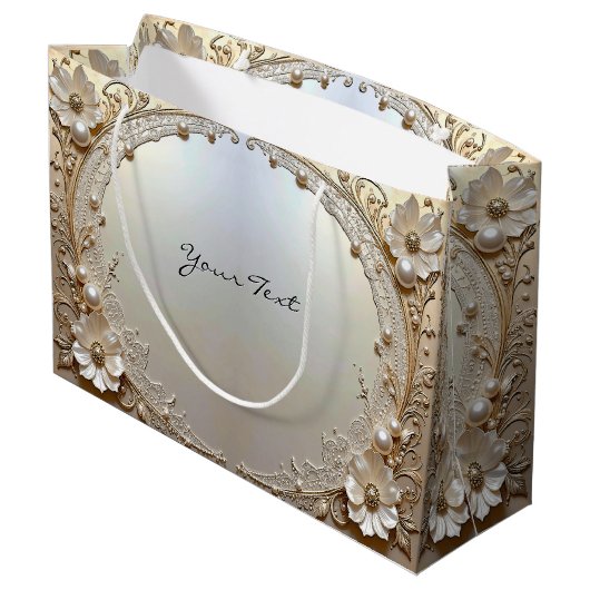 Moderne weiße Blumen Perlen Geschenktasche Große Geschenktüte (Rückseite Schrägansicht)