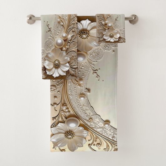 Moderne weiße Blumen Perlen Handtuch-Set Badhandtuch Set (Insitu)