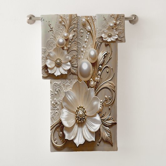 Moderne weiße Blumen Perlen Handtuch-Set Badhandtuch Set (Insitu)