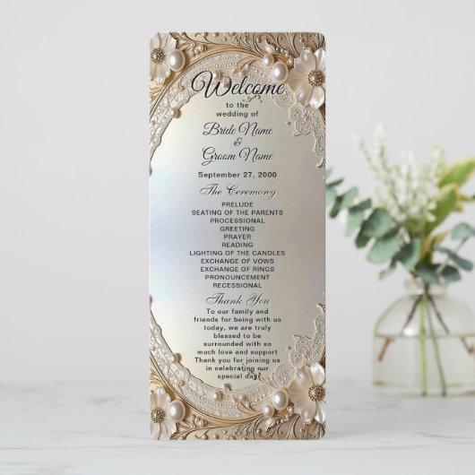 Moderne weiße Blumen Perlen Hochzeitsprogramm Programm (Stehend Vorderseite)