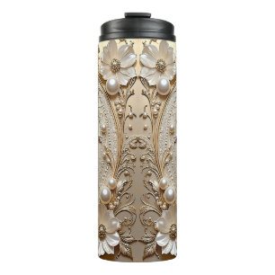 Moderne weiße Blumen Perlen Thermotumbler Thermosbecher