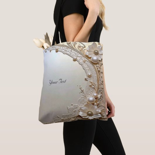 Moderne weiße Blumen Perlen Tote Bag Tasche (Von Nahem)