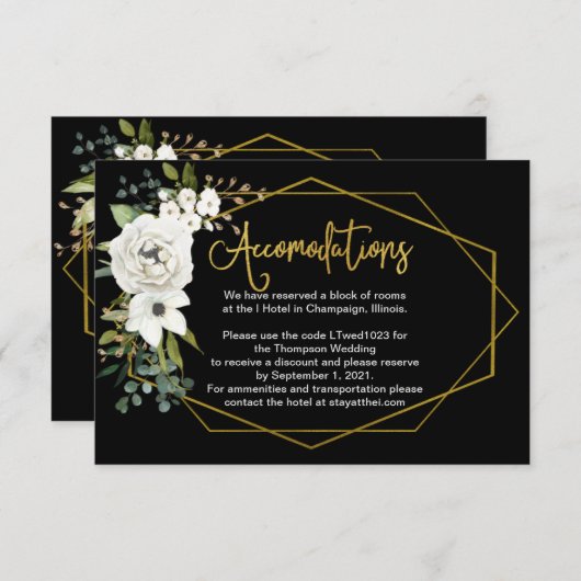 Moderne weiße, blumengoldene Hochzeitsunterkünfte Begleitkarte (Vorne/Hinten)