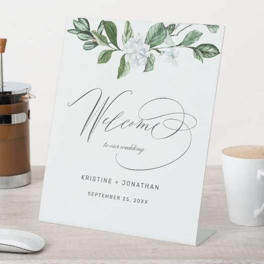 Moderne Weiße Blumengrün Begrüßung Willkommen Sockelschild (In Situ)