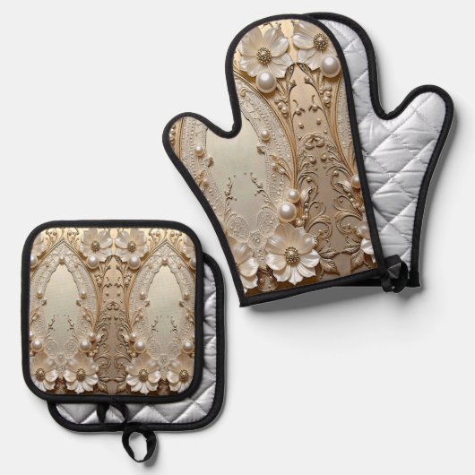 Moderne weiße Blumenperlen Ofenhandschuh & Topflappen-Set (Vorderseite/Rückseite)