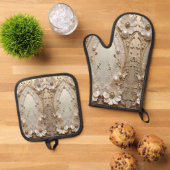 Moderne weiße Blumenperlen Ofenhandschuh & Topflappen-Set (Oben Unten)