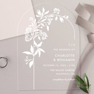 Moderne Weiße Botanische Torbogen-Hochzeit Acryleinladungen