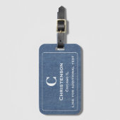 Moderne weiße Buchstaben auf Blue Denim Print Gepäckanhänger (Vorderseite Vertikal)