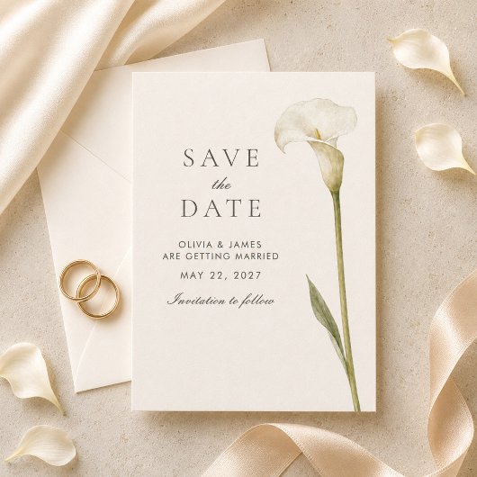 Moderne weiße Calla-Lilie Minimalistische Hochzeit Save The Date