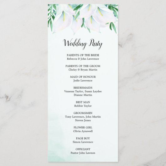 Moderne weiße Calla Lily Blumenzeremonie Programm (Rückseite)