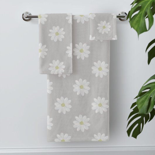 Moderne weiße Daisy Muster Silbergraue Badetücher Badhandtuch Set