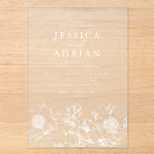 Moderne weiße Floral Line Art Hochzeit Acryleinladungen