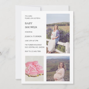 Moderne weiße Foto Collage Girl Babydusche Einladung