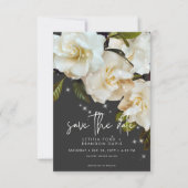 Moderne weiße Gärten auf Black Sparkle Wedding Save The Date (Vorderseite)