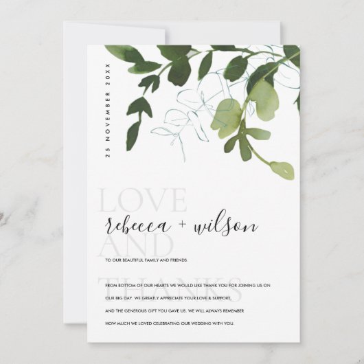 MODERNE WEISSE GRÜNE EUCALYPTUS FOLIAGE WATERCOLOR DANKESKARTE (Vorderseite)