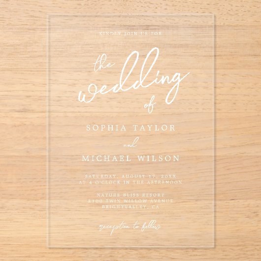 Moderne Weiße Hochzeit Acryleinladungen (Vorderseite)