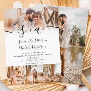 Moderne weiße Initialen Schrift 5 Fotos Hochzeit Einladung
