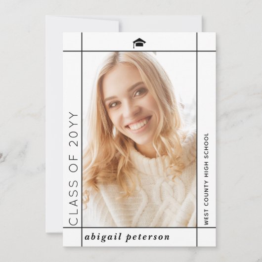 Moderne weiße Klasse 2025 Abschluss Foto Ankündigung (Vorderseite)