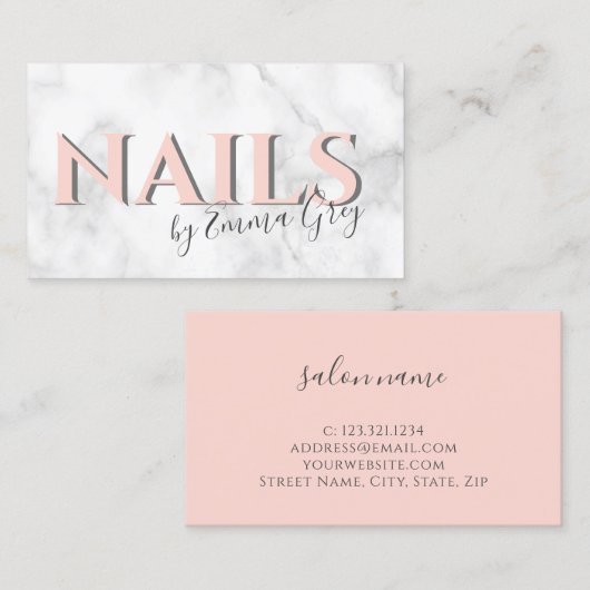 Moderne, weiße Marmor- und rosa Typografie-Nägel Visitenkarte (Vorne/Hinten)
