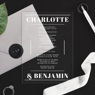 Moderne Weiße Minimalistische Hochzeitsprogramm-Vo Acryleinladungen