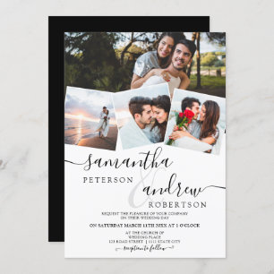 Moderne weiße Minimalschrift 4 Fotos Hochzeit Einladung