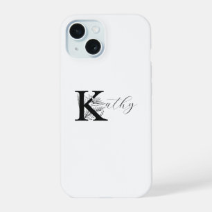 MODERNE WEIßE MONOGRAMM-NAME MIT FLORALEM K-INITIA iPhone 15 HÜLLE
