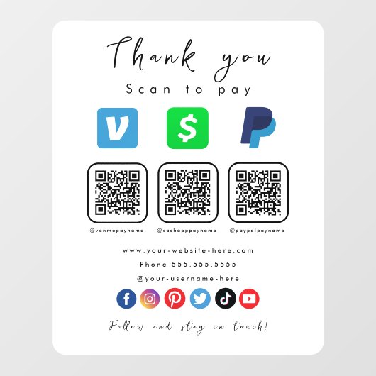 Moderne weiße Multi QR Code Paypal Venmo Cash App Fensteraufkleber (Blatt)