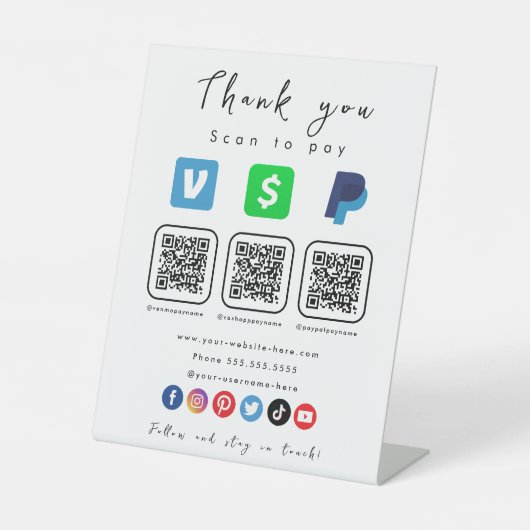Moderne weiße Multi QR Code Paypal Venmo Cash App Sockelschild (Vorderseite)