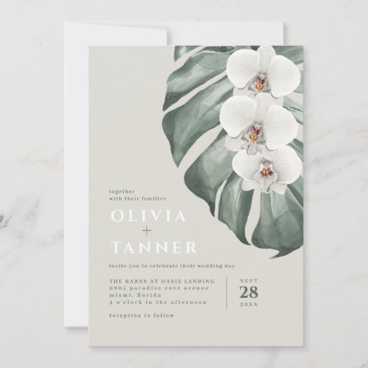 Moderne weiße Orchideen QR Code Tropische Hochzeit Einladung (Vorderseite)