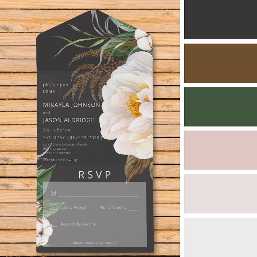 Moderne weiße Peongs auf Schwarz kein Abendessen All In One Einladung